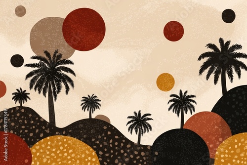 Abstract bohemian desert landscape with palm trees and textured circles