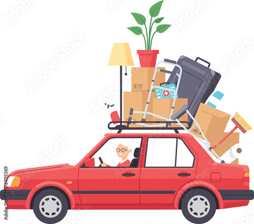 Overloaded car illustration, elderly driver, household items on roof, moving day concept, cartoon style, red sedan, travel humor, minimal vector, journey