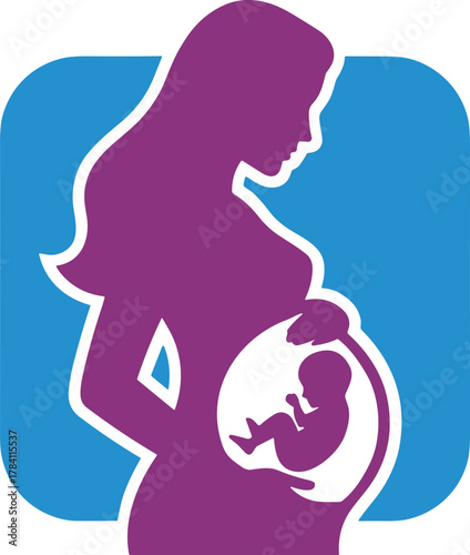 Pregnant person silhouette, fetus in womb, prenatal development concept, purple and blue vector, maternity illustration, healthcare theme, minimal style, human growth