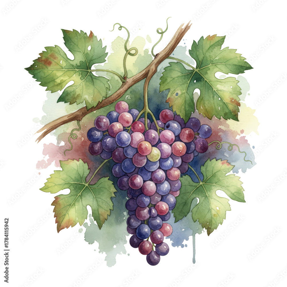 Obraz premium Watercolor grape cluster with foliage on a vine, creating a rustic vineyard impression