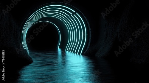 Fototapeta Naklejka Na Ścianę i Meble -  Mysterious, glowing tunnel path with reflective surface.