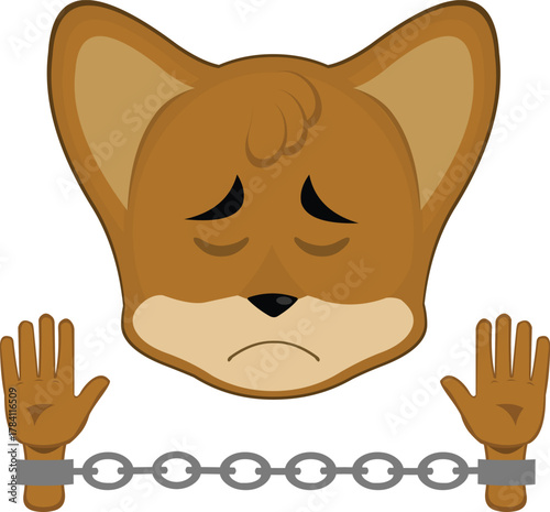 vector illustration emoticon character face fox animal slave or prisoner handcuffed with chains