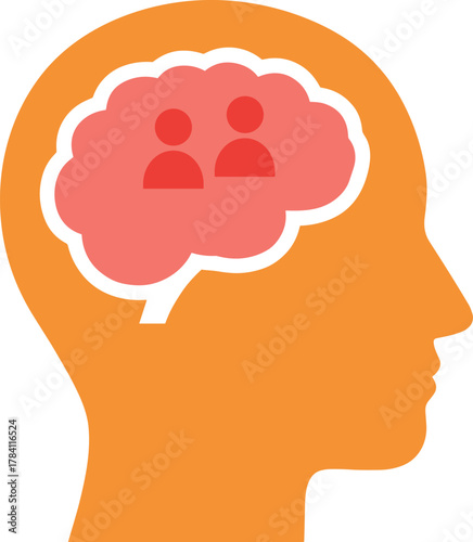 Human head silhouette, brain with people icons, social cognition concept, empathy illustration, psychological thinking, minimal vector, orange profile, white background