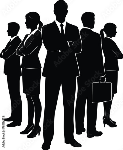 Business professionals group, confident leader silhouette, black and white vector, corporate unity, teamwork concept, minimal illustration, professional stance