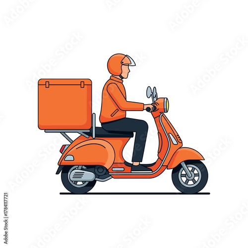 Delivery man riding a scooter with an orange box on the back