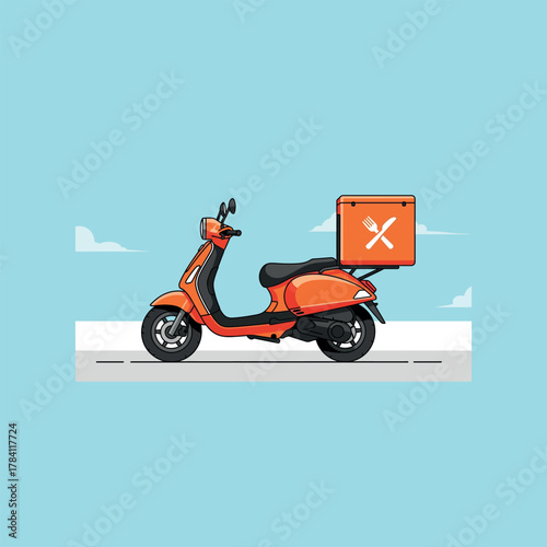Orange scooter with food delivery box on blue background vector illustration