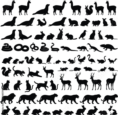 Animal silhouette grid, diverse species and poses, llama, seal, rabbit, cat, snake, deer, tiger, black and white vector set