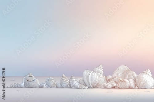 Hand drawn seashells on gradient background with copy space