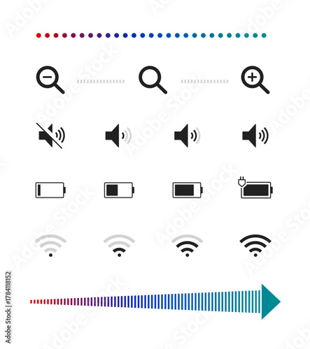 赤・青・緑でわかりやすく強調したレベルの増減や大小を視覚的に伝える操作アイコン／Web・アプリ向けベクターデザインUIアイコンセット（ズーム・音量・バッテリー・Wi-Fiなどの段階変化を色で示す）