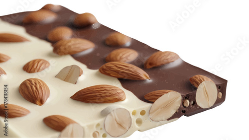 Vector illustration of twotone chocolate bar with whole almonds and almond pieces on a white background
