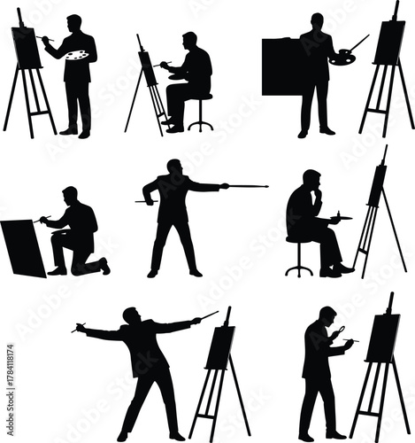 Artist silhouettes painting and drawing, easel interaction, seated and standing poses, creative activity, black figures, brush and palette, art studio reference, gesture study