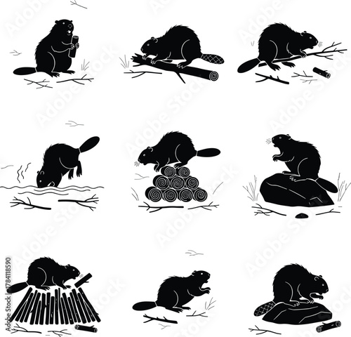 Beaver activity illustrations, chewing wood, swimming, dam building, black figures, nature behavior, forest animal, lodge construction, grooming, wildlife scenes, habitat interaction