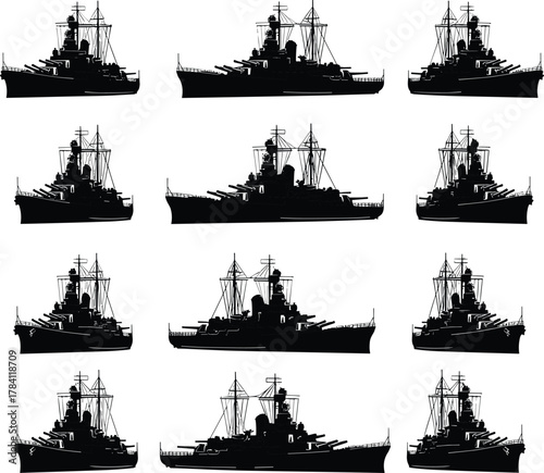 Battleship silhouette set, naval vessels, warship comparison grid, military ship icons, black and white, maritime defense, sea fleet illustration, ship structure