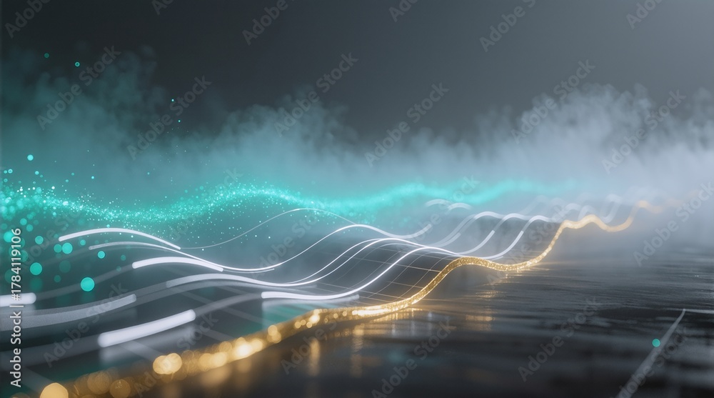 Obraz premium Ethereal glowing waves in misty night, expressed mystery or Used in tech scenes