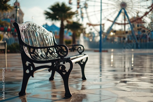 A calm scene of a bench near the amusement park fountain, quiet corner for rest, clean and professional composition, copy space, natural color, minimalism, stock photography