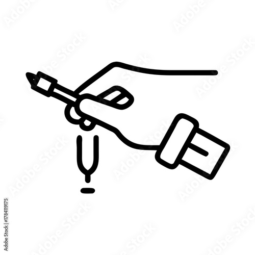 A hand holding a soldering iron, with focus on precision and technology. The illustration uses clean lines