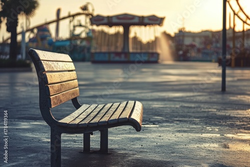 A calm scene of a bench near the amusement park fountain, quiet corner for rest, clean and professional composition, copy space, natural color, minimalism, stock photography