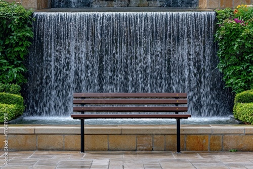 A calm scene of a bench near the amusement park fountain, quiet corner for rest, clean and professional composition, copy space, natural color, minimalism, stock photography