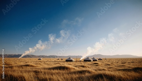Golden grasslands with traditional yurts under a clear blue sky at sunset Generative AI
