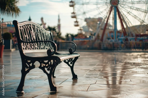A calm scene of a bench near the amusement park fountain, quiet corner for rest, clean and professional composition, copy space, natural color, minimalism, stock photography