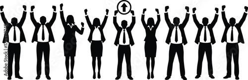 Business team celebrating success, upward arrow symbol, black and white vector, corporate unity, achievement concept, minimal illustration, professional growth