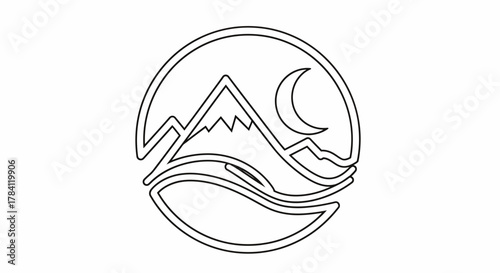 Minimalist line art illustration of a mountain range, crescent moon, and water or land, all contained within a circle.
