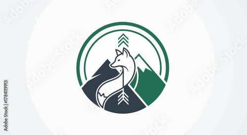 Minimalist logo design featuring a fox with an arrow body, mountains, and a tree, enclosed in a green circle.