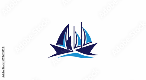 Two stylized sailboats with dark blue sails and hulls sailing on stylized blue waves against a white background.