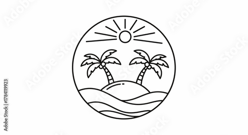 Minimalist line art of a tropical island with palm trees, sun, and waves, enclosed in a circle.