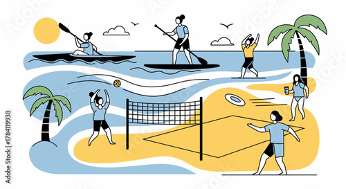 Illustration of people enjoying various beach activities, including kayaking, paddleboarding, volleyball, frisbee, and relaxing with drinks under palm trees.