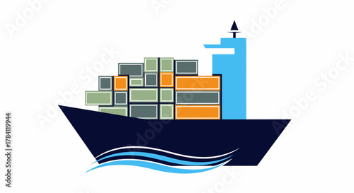 A stylized illustration of a cargo ship loaded with shipping containers, sailing on wavy water against a white background.