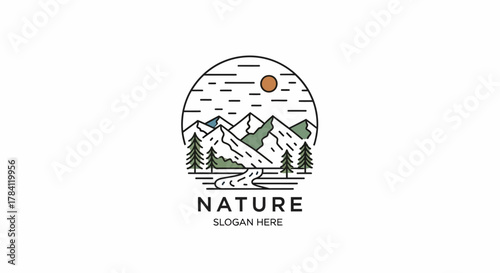 Minimalist line art illustration of a mountain landscape with trees, a river, and the sun, encapsulated in a circle, with the word "NATURE" below.