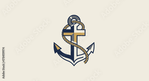 Graphic illustration of a blue and gold anchor intertwined with a rope, topped with a life preserver against a neutral background.