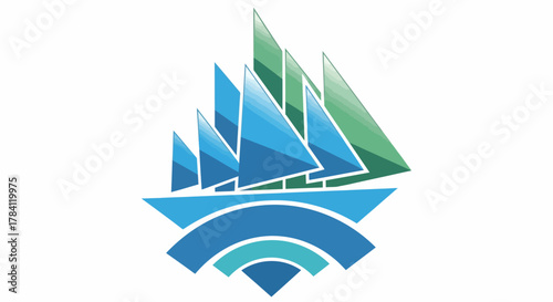 A stylized logo of a sailboat with blue and green sails, above curved blue lines representing water, against a white background.