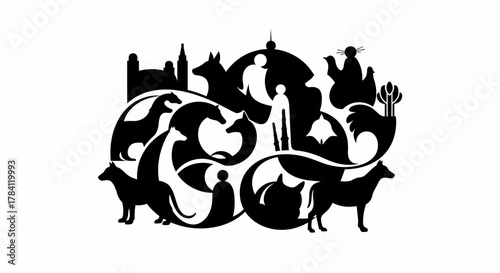 Silhouette illustration featuring various animals, people, and architectural structures intertwined in a stylized design on a white background.