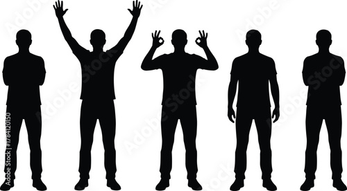 Human gesture silhouette set, standing poses, raised arms, OK sign, body language reference, black and white, expressive posture, vector pack