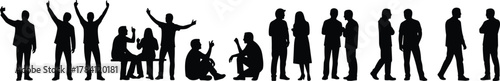 Human interaction silhouette set, standing, seated, crouching poses, group dynamics, black and white, body language reference, vector illustration pack