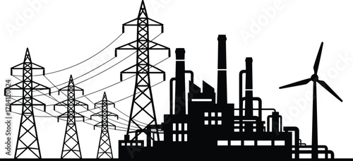 Industrial energy infrastructure, power plant, transmission towers, wind turbine, electricity grid, renewable vs fossil fuel, black and white, environmental contrast
