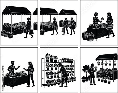 Marketplace silhouettes, vendor and customer interaction, produce stalls, flower display, black figures, retail environment, potted plants, baskets, shopping scene, commerce illustration