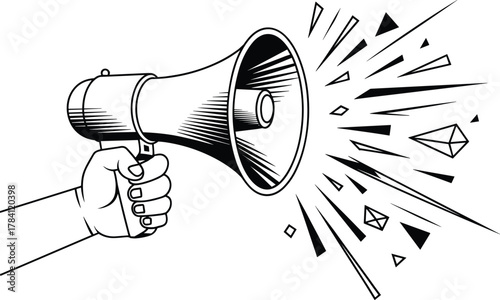 Megaphone illustration, black and white announcement icon, hand holding loudspeaker, stylized sound burst graphic, communication symbol, retro broadcast design, voice projection art