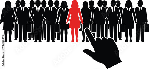 Recruitment concept illustration, selected candidate silhouette, business professionals lineup, red highlight figure, black and white vector, hiring decision, minimal style