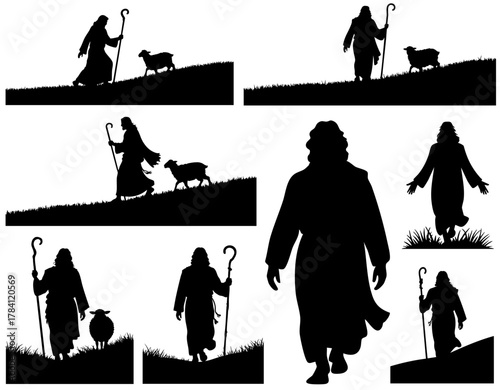 Jesus Walking Silhouette Set SVG; Transparent Background