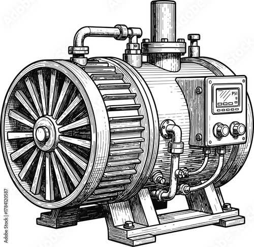 Rotary compressor illustration, industrial turbine, mechanical device, PSI control panel, impeller blades, piping system, black and white, engineering schematic
