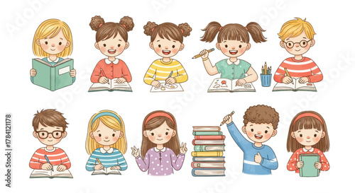 Kids in Classroom – Happy Children Reading Books and Doing Homework Illustration