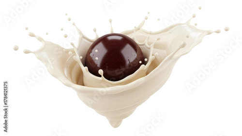 Vector illustration of chocolate truffle splashing into cream on a white background
