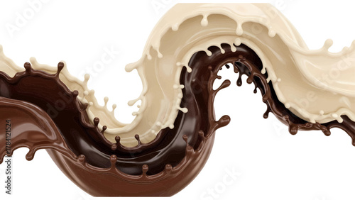 Vector illustration of swirling dark chocolate and white cream splashes on a white background