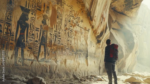 Explorer examines ancient hieroglyphs on cave walls in desert setting Male viewer, carvings, backpack