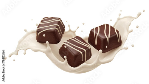 Vector illustration of three dark chocolate pralines with white stripes in a splash of milk on a white background