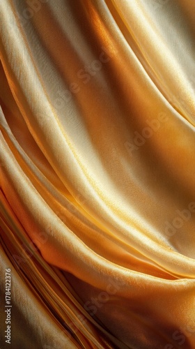 A close-up of golden opera house curtain with luxurious folds and textures, warm lighting, clean and professional composition, copy space, natural color, minimalism, stock photography
