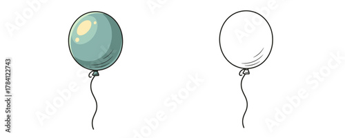 Vector illustration set of a single glossy blue or cyan party balloon floating with a string, featuring color and outline versions